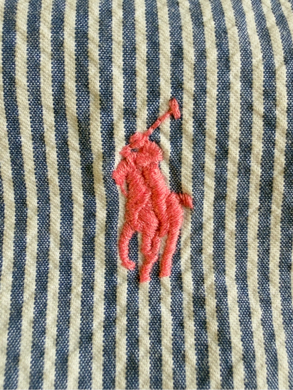 Ralph Lauren Seersucker Blue White Stripe SS Button-Down Pink Horse Shirt - L - Picture 5 of 11
